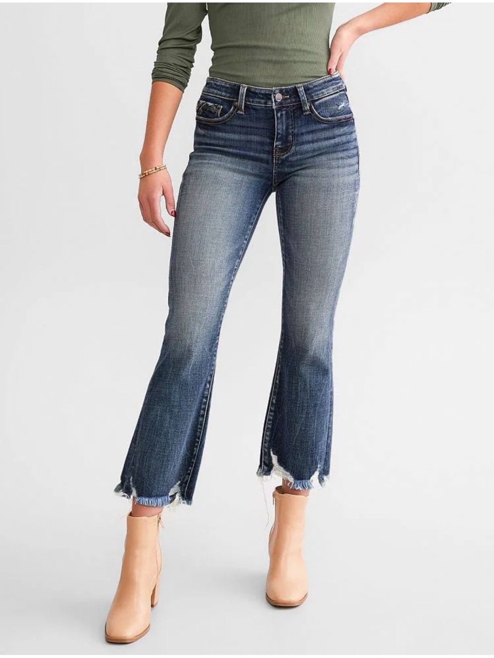 Buckle Dark Wash Cropped Flare Jeans with Frayed Split Hem